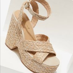 A Raffia Platform Wedge Sandal With An Adjustable Ankle Strap. Heel Height: 2.28 New,Unworn In Original Box Summer Wedge Sandals With Stacked High Heel, High Heel Synthetic Espadrilles For Spring, Synthetic High Heel Espadrilles For Spring, Vacation Closed Toe Platform Heels, Beach High Heel Wedge Sandals With Heel Strap, Synthetic Ankle Strap Espadrilles For Summer, Synthetic Summer Espadrilles With Ankle Strap, Beach Wedge Sandals With Heel Strap And Round Toe, Synthetic Platform Wedge Heel Espadrilles