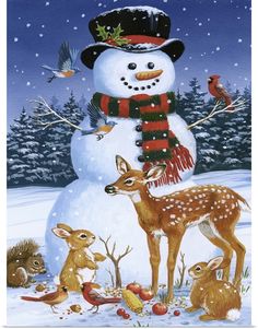 a painting of a snowman, deer and fawn in the snow with birds