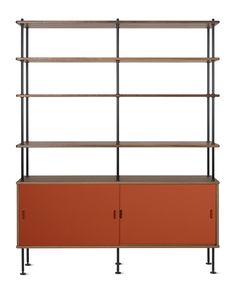 an orange bookcase with three shelves and two doors on each side, against a white background