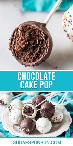 chocolate cake pop on a plate with sprinkles and the words, chocolate cake pop