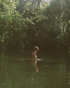 a man standing in the middle of a river surrounded by lush green trees and foliage