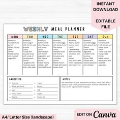 the weekly meal planner printable is shown on a white background with pink and blue accents