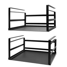 two black metal shelves with one open and the other closed on each shelf, both empty