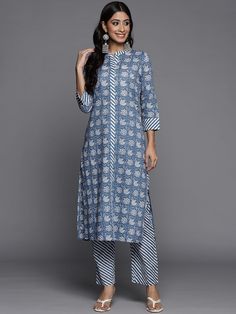 Blue Cotton Ethnic Motif Printed Kurta Trouser Set Spring Block Print Straight Kurta Set, Spring Straight Kurta With Printed Border, Fitted Block Print Straight Kurta Set, Eid Ikat Print Straight Kurta, Ikat Print Straight Kurta Set For Diwali, Spring Ikat Print Straight Kurta, Diwali Ikat Print Straight Kurta Set, Spring Straight Kurta With Ikat Print, Fitted Cotton Kurta With 3/4 Sleeves