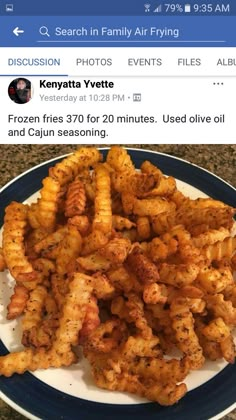 a plate with fried food on it and an instagram post to the left that reads, frozen fries 350 for 20 minutes used olive oil and cajun seasoning