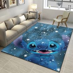 the rug is in the living room and has an image of stitcher on it