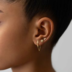 This decorative tiny stud is the perfect add on to your ear stack. Mix and match with our huggies for an on trend look.| Lead and Nickel free.Sold as a PAIR Gold Vermeil (Thick layer of Gold plated over Sterling Silver) Cubic Zirconia Gemstone Stone Diameter 2mm(0.08in) 6.2x3.1mm(0.25x0.12in) Push butterfly back closure #E492-G Ear Lobe Piercings, Pretty Ear Piercings, Ear Stack, Tiny Studs, Stud Set, Long Chain, Chain Earrings, Sterling Silver Earrings Studs, Ear Jewelry