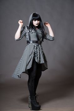 Goth Doll Striped Dress Cowl Hooded Hi-Low Gothic Business Goth Plus Size, Industrial Goth Fashion, Goth Subgenres, Hippie Goth Fashion, Plus Size Witch Fashion, Goth Athleisure, Goth Teacher, Erica Core, Business Casual Goth