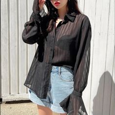 Black Sheer Button Up Blouse - Size S/M , Super Versatile Comfortable And Best Dressed. Sheer Button Up Blouse Outfit, Dark Blue Sweatshirt, Black Shirt Outfits, Mesh Button Up, Kim Moon, Sheer Black Shirt, American Eagle Crop Top, Leopard Print Sweatshirt, Black Sheer Blouse