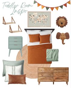 a collage of furniture and decor items including a bed, dresser, chair, table