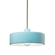 a light fixture with a blue shade hanging from it's side on a white background