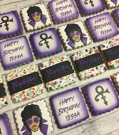 decorated cookies with purple frosting and black lettering on them are arranged in the shape of women's faces