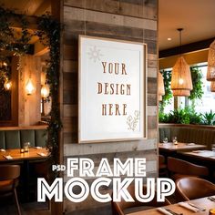 a restaurant with wooden tables and chairs in front of a sign that says your design here