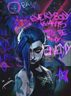 a drawing of a woman with blue hair and tattoos on her face, in front of graffiti