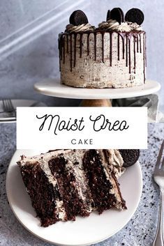 two cakes with chocolate frosting and oreo cookies on top are sitting on plates