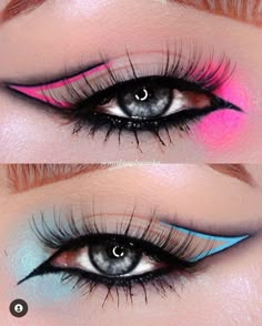 Eye Makeup With Colored Eyeliner, Retro Eye Makeup 1960s, Colorful Rave Makeup, Cool Eyeshadow Looks Creative, Rave Eyeliner, Creative Makeup Looks Eye Art, Rave Makeup Looks, Rave Eye Makeup, Neon Makeup Ideas