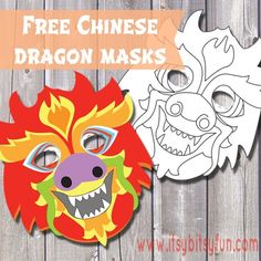 two paper masks with the words free chinese dragon masks on them and an image of a demon