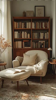 a chair and ottoman in front of a bookshelf