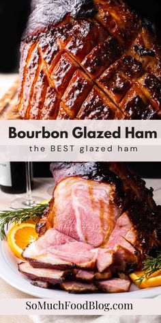 bourbon glazed ham on a white plate with orange slices