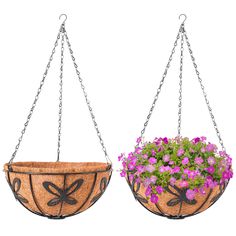 two hanging planters with flowers in them