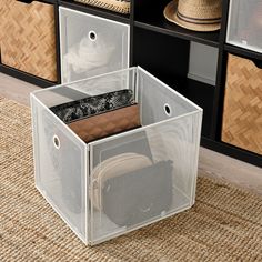 three bins with different types of items in them