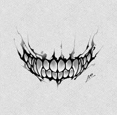 a black and white drawing of an evil face with fangs on it's teeth