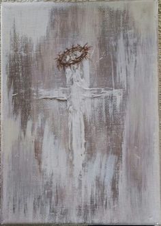 a painting with a cross on it and a crown of leaves above the crucifix