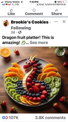 a plate that has fruit on it and an image of a dragon made out of oranges