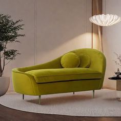 a green chair sitting on top of a white rug next to a potted plant