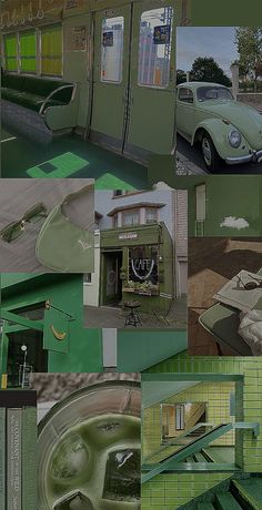 a collage of green and white photos with cars, buildings, and other things