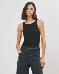 Slim ribbed knit tank. Rib binding at neck and arm hole. Made in USA #nililotan #AD Cold Wear, Lightweight Pants, Black And Blonde, Nili Lotan, Casual Winter Outfits, Tunic Shirt, Ribbed Fabric, Women's Tops, Jet Black