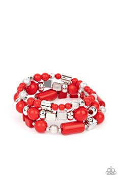 Featuring round, cube, and faceted shapes, a colorful collection of Red Maple and silver beads are threaded along stretchy bands around the wrist, creating vivacious layers. Sold as one set of three bracelets. Bracelet Set Silver, Jewelry Watch, Red Maple, Pink And Silver, Red Bracelets, Paparazzi Accessories, Stretchy Bracelets, Paparazzi Jewelry, Pink Bracelet