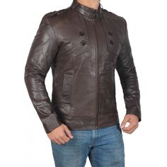 Dark Brown Button Pocket Leather Jacket Men's: Dark Brown Button Pocket Leather Jacket is 100% real leather, a resilient and durable material. This apparel has a viscose lining inside, which feels supple and warm around your skin. This fitted dark brown leather jacket has a zipper closure, belted style collar and open bottom hem cuffs to uplift the attire’s appearance. It also includes two outside and two inside pockets for safety and storage.This slim fit real leather jacket is perfect for your Classic Winter Biker Jacket With Buttons, Classic Brown Biker Jacket With Button Closure, Winter Business Leather Jacket With Button Closure, Classic Leather Biker Jacket With Buttons, Classic Winter Biker Jacket With Button Closure, Classic Biker Jacket With Button Closure For Winter, Dark Brown Leather Jacket, Slim Fit Jackets, Real Leather Jacket