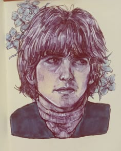 a drawing of a man with long hair and flowers in his hair, wearing a blue shirt