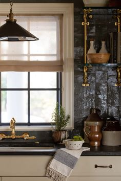 a kitchen sink under a window next to a potted plant and other items on the counter