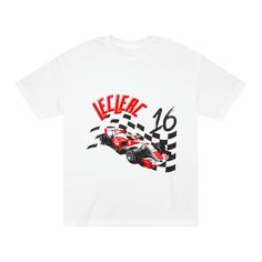 "ABOUT OUR CHARLES LECLERC INSPIRED T-SHIRT! ✧ Unisex T-shirt ✧ Made with 100% cotton (fiber content may vary for different colors) ✧ Soft cotton and quality print make users fall in love with it over and over again. ✧ Printed and shipped from the USA ✧ Medium fabric (6.0 oz/yd² (203 g/m ✧ Classic Fit ✧ Tear-away label CARE INSTRUCTIONS - Wash inside out with like colors. - Tumble dry or hang to dry. - Try not to iron directly over the design. Iron if necessary! HOW TO ORDER 1) Please, check and White Racing Style T-shirt With Graphic Print, White Cotton Racing T-shirt, White T-shirt With Motorsport Letter Print, White Letter Print T-shirt For Motorsport Events, Casual White Tops For Motorsport Events, Casual T-shirt With Letter Print For Motorsport Events, Apres Ski Outfits, Skiing Outfit, San Jose Ca