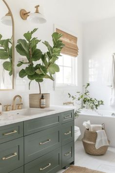 a bathroom with green cabinetry and white walls, along with a large plant in the corner