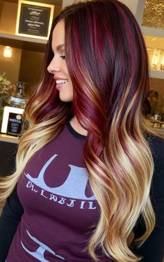 17 Stunning Dark Cherry Hair Color Ideas To Transform Your Look - Best Review Black Cherry Hair Color With Blonde Highlights, Dark Cherry And Blonde Hair, Cherry Hair With Blonde Highlights, Pops Of Color Hair, Dark Cherry Hair Color, Dark Cherry Hair, Hair Doos, Cherry Hair Colors, Red Hair Inspiration