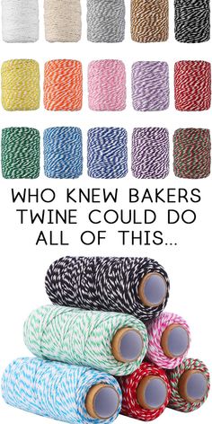 several spools of twine with the words, who knew bakers wine could do all of this?