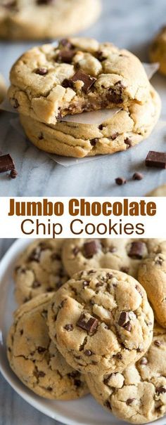 chocolate chip cookies are stacked on top of each other with the words jumbo chocolate chip cookies