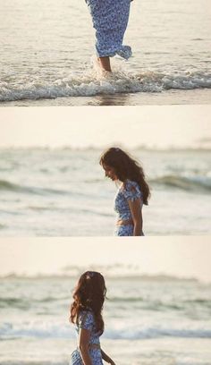 the woman is walking in the water at the beach