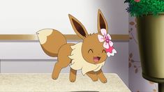 an animated image of a cute little pokemon with a flower in her hair, standing next to a potted plant