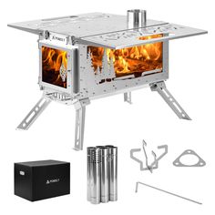 an outdoor stove with the lid open next to it's stand and accessories for cooking