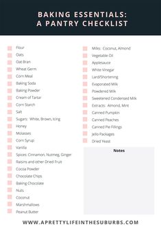 baking essentials pantry checklist with the words baking essentials in pink and black