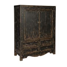 an old wooden armoire with two doors and drawers on one side, against a white background