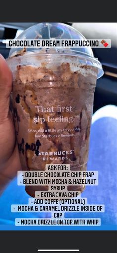 a person holding up a cup with chocolate ice cream in it and the words, that first stop feeling