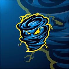 a blue and yellow background with an image of a spiral design on the bottom right corner