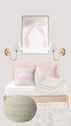 a bedroom with pink and white decor