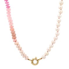 Exclusive Milestones x Encirkled 50/50 Pearl & Pink Ombre Beaded Necklace Pink Pearl Single Strand Jewelry, Pink Single Strand Pearl Jewelry, Elegant Pink Rondelle Beaded Necklaces, Pink Pearl Necklace With Round Beads And Pendant, Elegant Pink Rondelle Beaded Necklace, Pink Pearl Drop Beaded Necklaces With Round Beads, Pink Pearl Chain Jewelry With Round Beads, Pink Pearl Necklace With Gemstone Beads, Pink Rondelle Single Strand Necklace