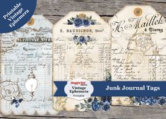 vintage journal tags with blue flowers are on the wooden background and there is an ad for them